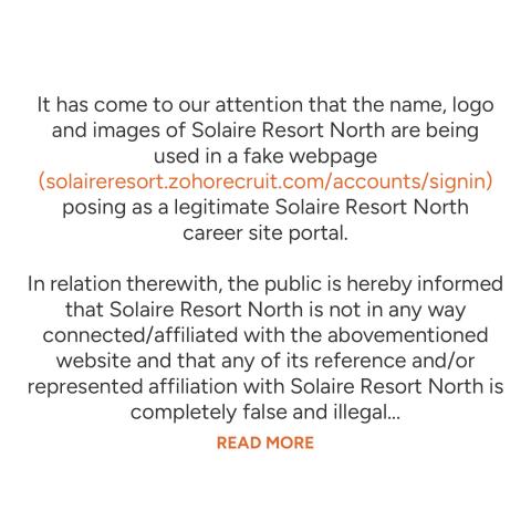 Disclaimer on FAKE Solaire Resort North Recruitment Website